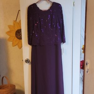 Alex Evenings Purple Sequin Long Sleeve Evening Gown